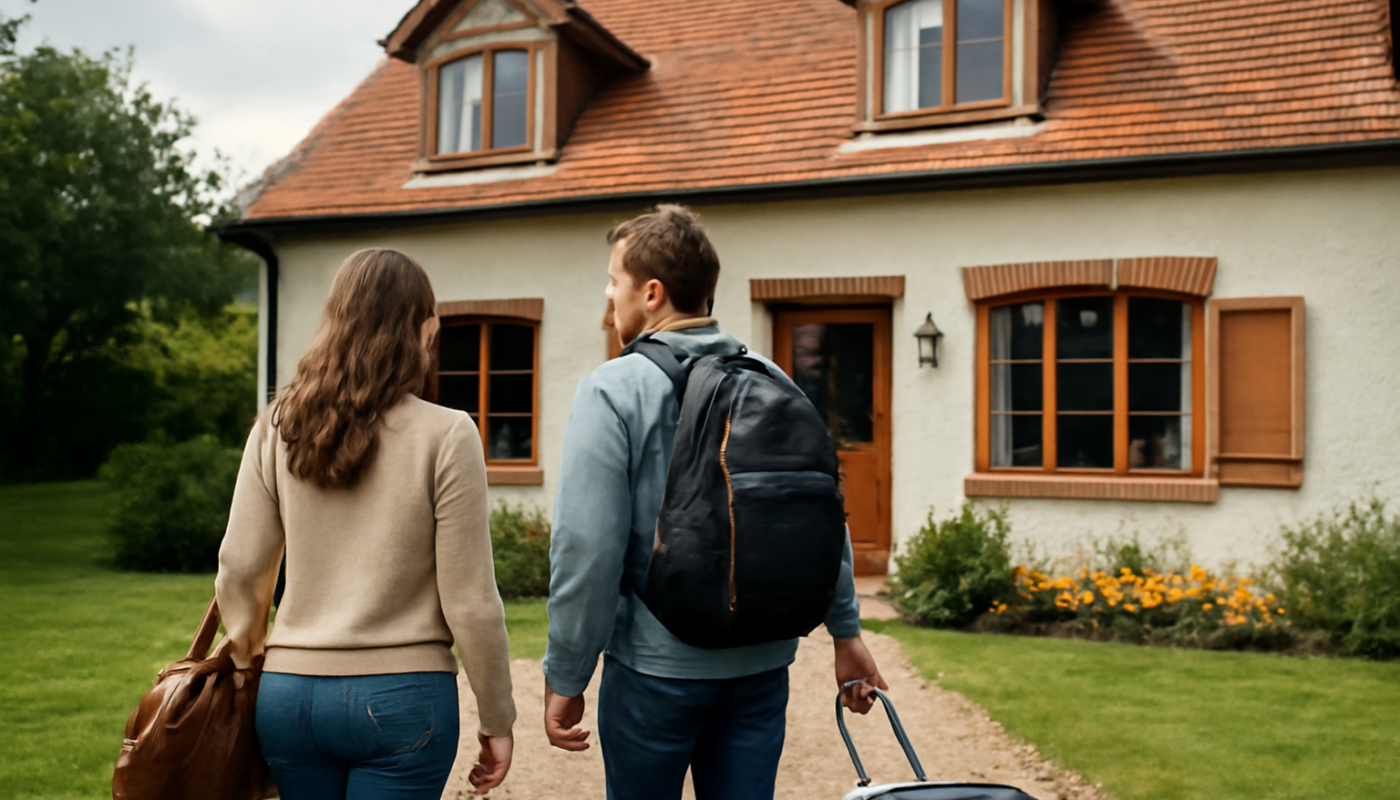 couple arrivant devant un gîte pour un week-end