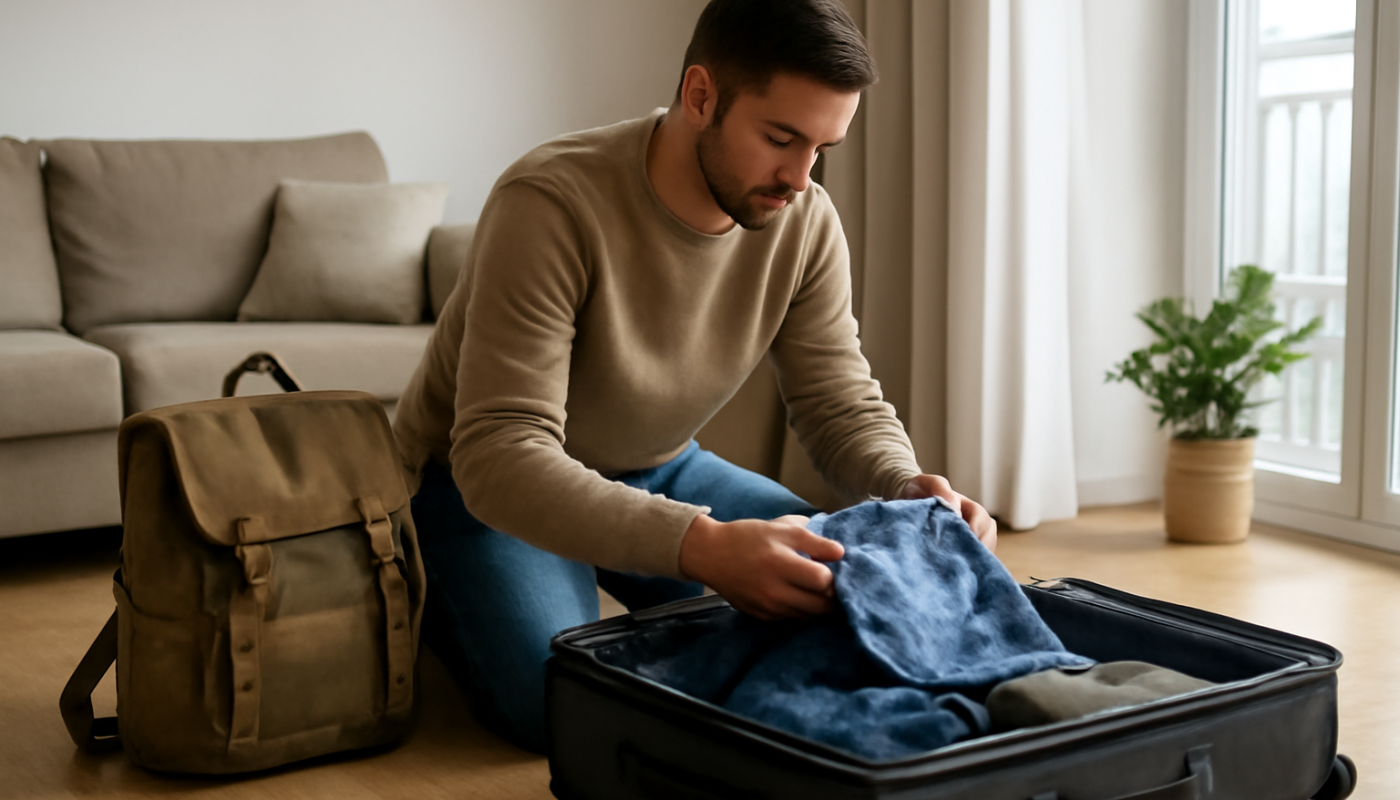 voyageur préparant ses bagages dans appartement de vacances