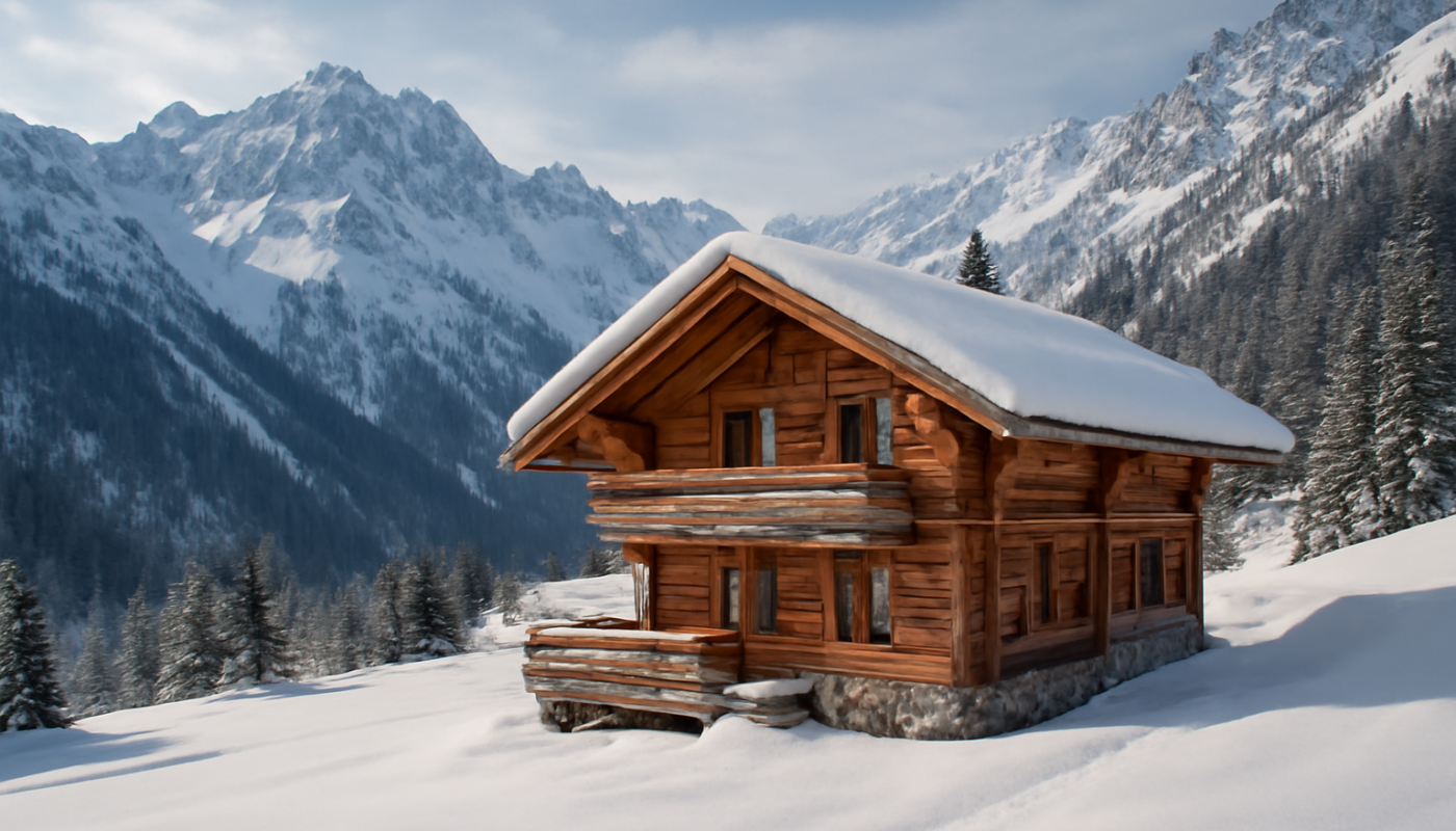 chalet en bois dans un paysage de montagne enneigée