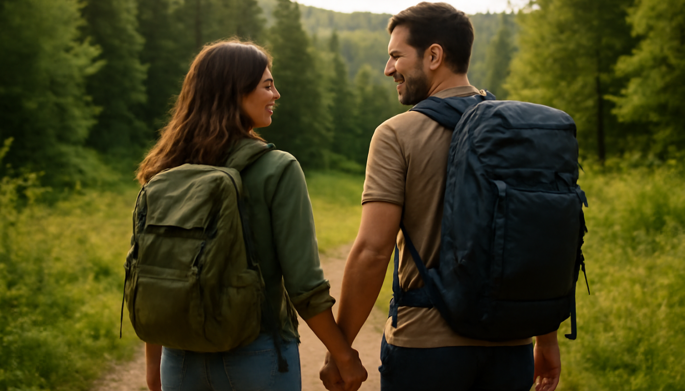 couple partant en escapade nature avec sacs à dos