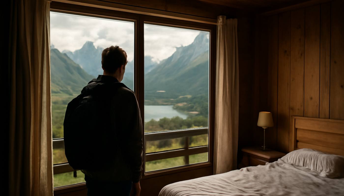 voyageur seul admirant paysage depuis un logement