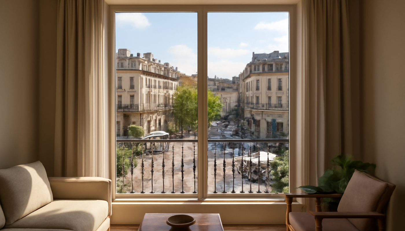 vue d’un appartement donnant sur une place animée