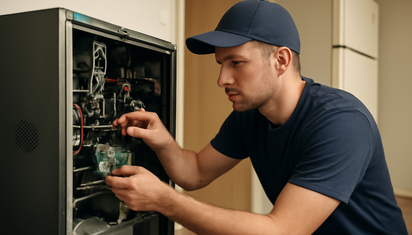 technicien réparant équipement dans location