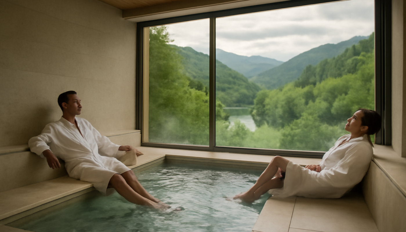 voyageurs relaxant dans un spa avec vue sur nature