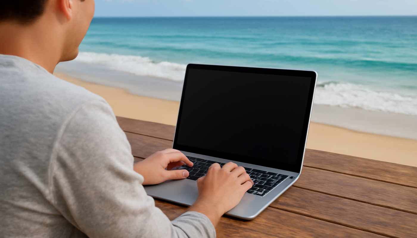 personne travaillant sur ordinateur avec vue sur plage