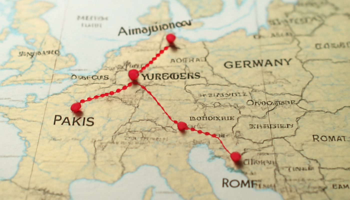 carte de voyage avec plusieurs destinations reliées par un itinéraire
