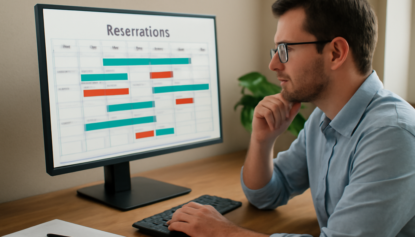 propriétaire analysant réservations sur ordinateur