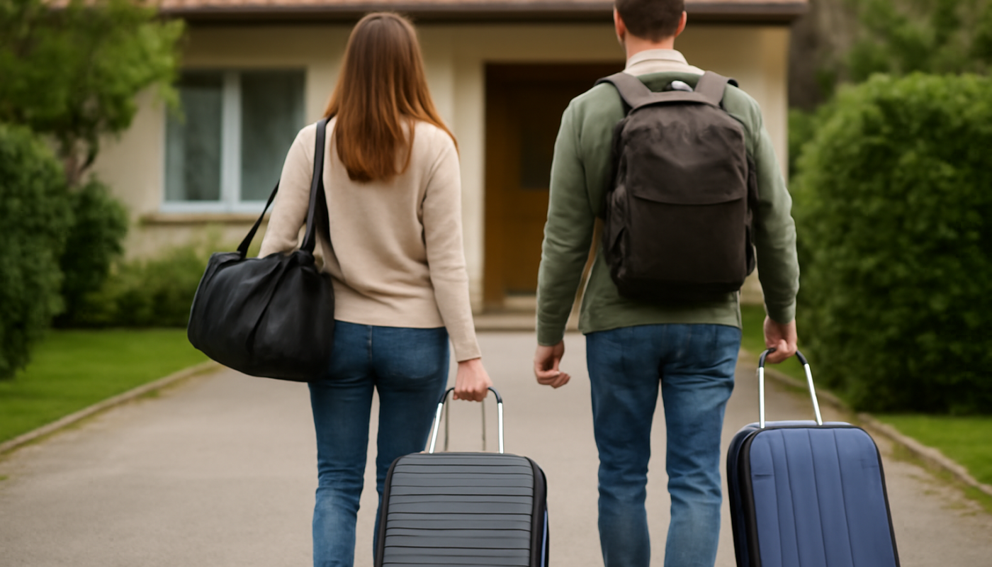 couple partant en week-end avec sacs de voyage